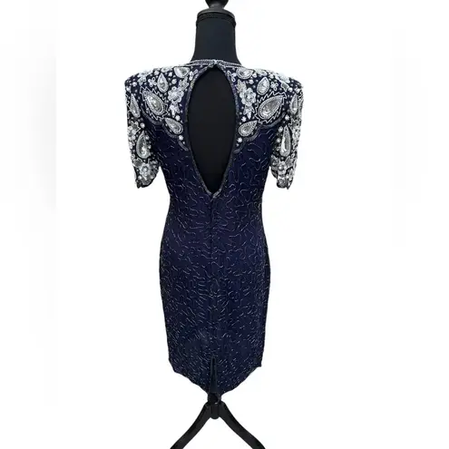 Laurence Kazar Vintage 1980s 100% silk navy blue beaded/embellished dress size L