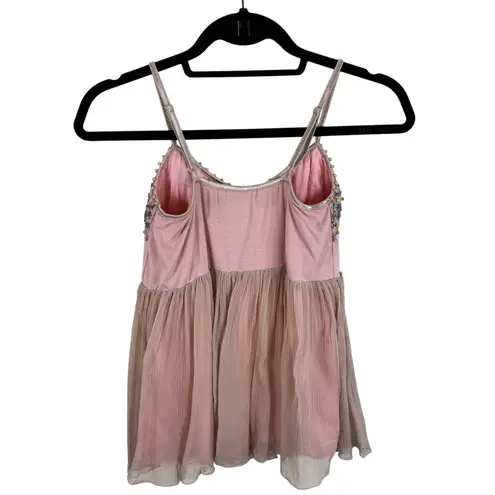 Saint Tropez Silk Pink Beaded Adjustable Strap Boho Beachy Tank Blouse Size S