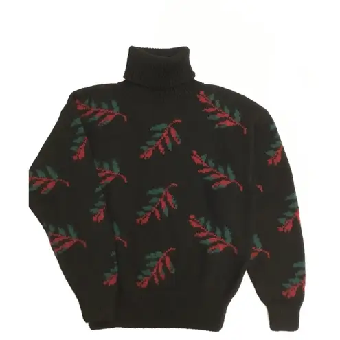 Head VTG Black Holiday Merlot/Green Holly Leaves Wool Turtleneck Sweater…