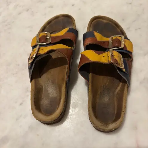 NAOT Women's Leather Sandals Multicolor Buckle Cork Footbed Slide Size 39 Brown