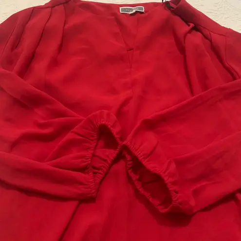 Pleione Red Flowy 3/4 Elastic Cuffed Sleeve Business Casual V-Neck Blouse