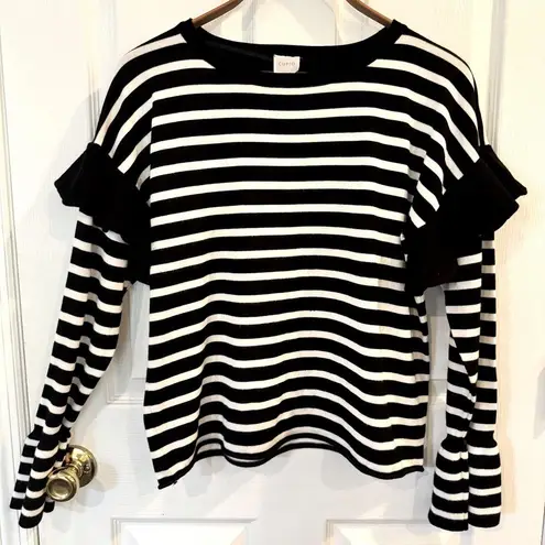 cupio Black White Striped Ruffle Sleeve Sweater Women’s Large Long Sleeve