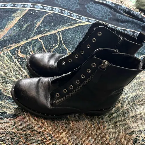 Black Combat Moto Leather Boots Lace