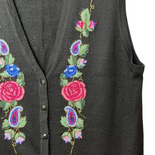 Vtg 90s/Y2K Koret Embroidered Metallic Floral Paisley Wool Blend Sweater Vest L Black Size L