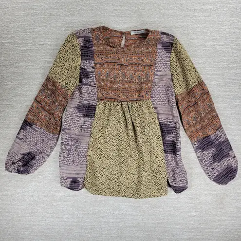 Ces Femme Boho Patchwork Print Long Sleeve Peasant Tunic Blouse Size S Brown