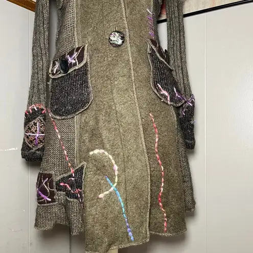 Unique Mohair Blend Artsy Fairy Long Coat Cardigan Faux Fur Trim Collar Large Green