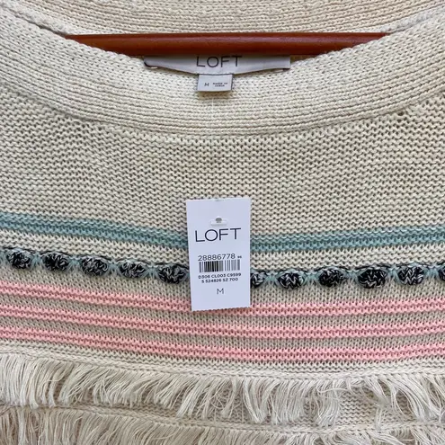 The Loft  Striped Fringe Sweater Cream Pink Ballet Neck Cotton Size M NWT