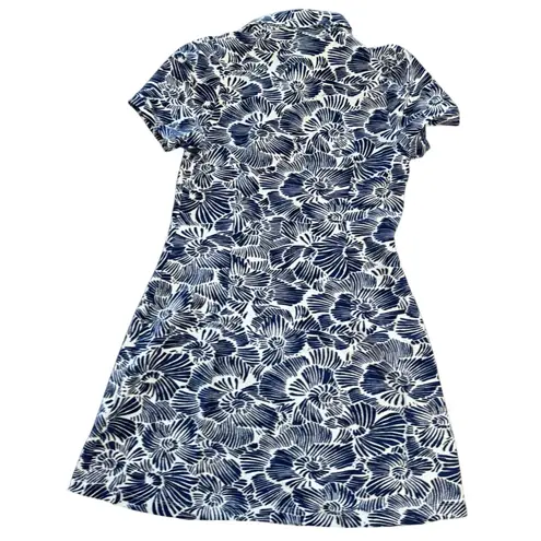 Maui Gold Navy White Floral Shift Dress Mesium Tropical Resort Wear Coastal Chic Blue Size M