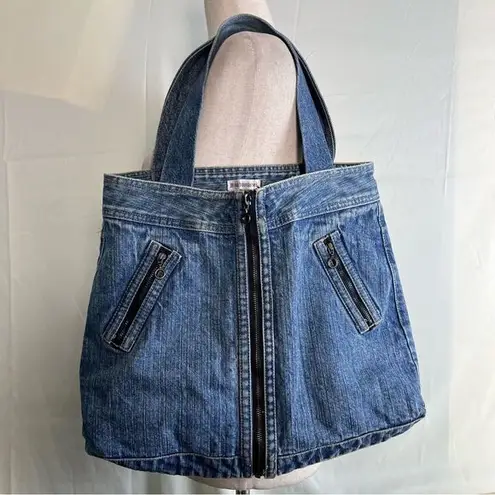 Reworked Vintage Denim Jeans Large Tote Bag Zip Pockets Casual Y2K Boho Retro