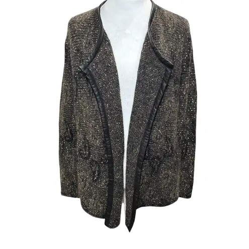 Eileen Fisher Mohair Wool Blend Open Front Leather Trim Sweater Jacket XS