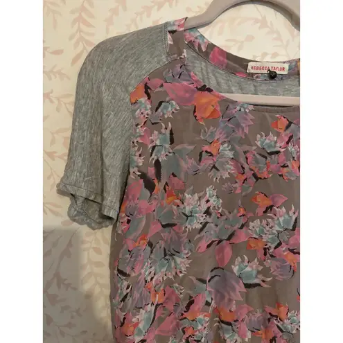 Rebecca Taylor Floral Print 100% Silk Short Sleeve Top