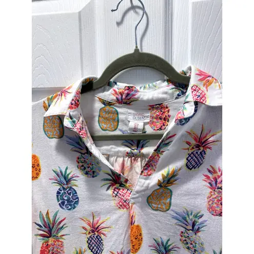 Sigrid Olsen Linen Pineapple Print Tunic Top Button Front Shirt Blouse S - Image 4