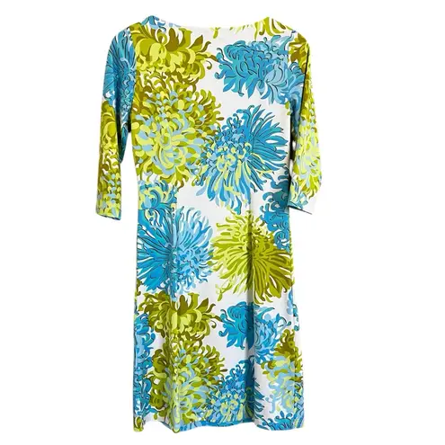 J. McLaughlin Teal and Lime Green Quarter Sleeve Ride Ruched Knee Length Dress S