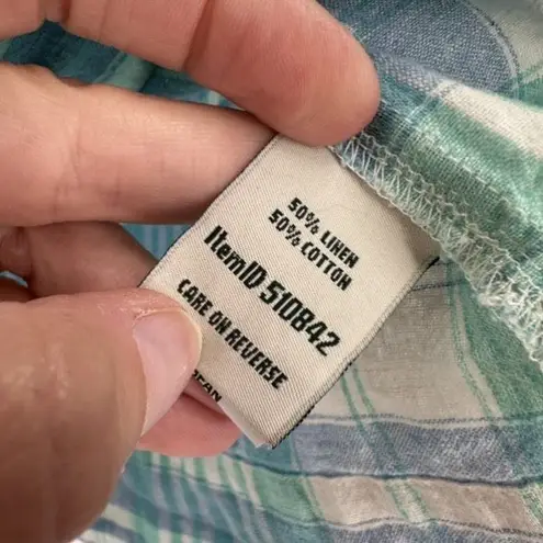 L.L. Bean Womens Popover Linen Blend Blue Madras Plaid Shirt medium Short Sleeve