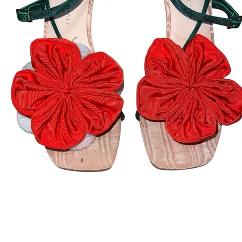 Loeffler Randall NEW NIB Frank Flower Appliqué Heeled Sandal Nude/Green/Red