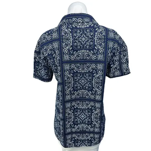 Daisy Street Blue Bandana Scarf Paisley Button Up Short Sleeve Shirt Top Sz 6
