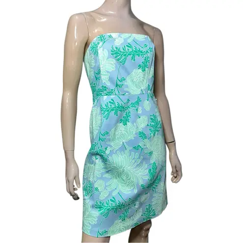 Tibi Women’s 6 Blue Green Floral Leaf Print Corset Tie Back Strapless Mini Dress