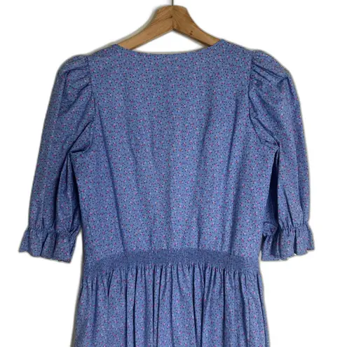 Vtg Alphorn Dress Womens Medium Floral Button Front Puff Sleeve Germany 80s Blue