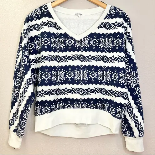 Cotton Citizen Nordic Print V Neck Fringe Detail Pullover Navy Blue