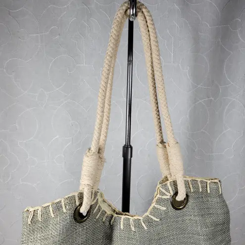 Sun n Sand Woven Tote 18"x17" Large Gray Tan Beach Pool Shoulder Bag Summer Gray