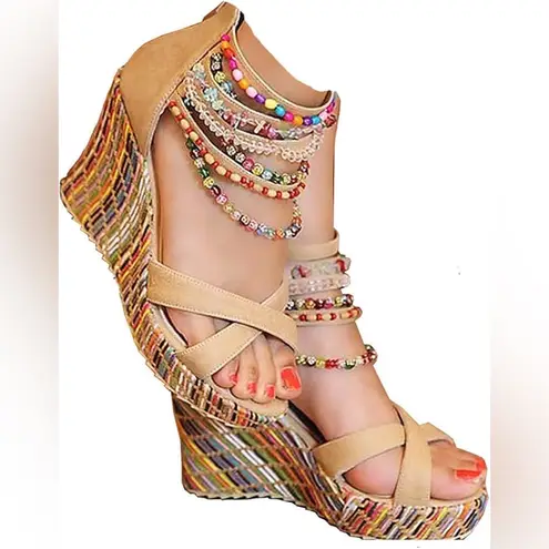 Get More Beauty Beaded Wedge Sandals Size Tan Size 8