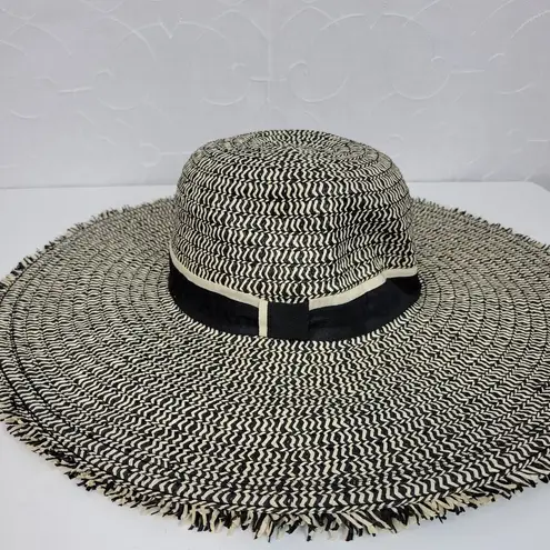 Womens Beach Hat One Size Black Tan Straw Wide Brim Fringe Summer Beach Sun Hat