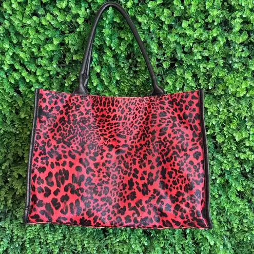 Neiman Marcus Printed Red Leather Animal Print Tote Bag