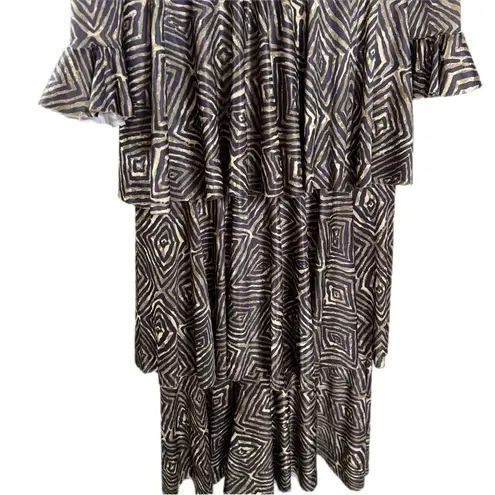 Women’s Large Black Gold Geometric Tiered Maxi Dress Long Sleeve Boho Chic Flowy Brown