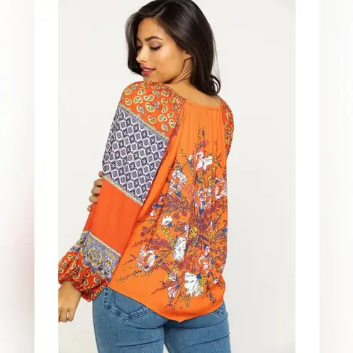 Free People  Orange floral On/Off Shoulder Boho Top Balloon Sleeve