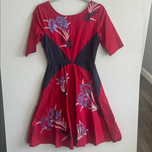 Eshakti Red Floral Embroidered Fit & Flare Cotton Spandex Midi Dress