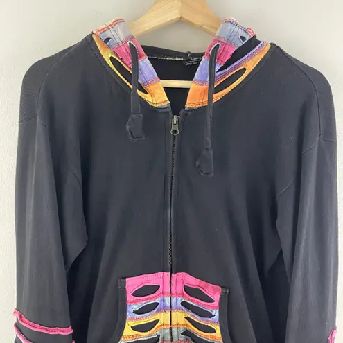 Y2K 90’s Black Rainbow Psychedelic Rip N Tear Wide Bell Sleeve Full Zip Hoodie Size L
