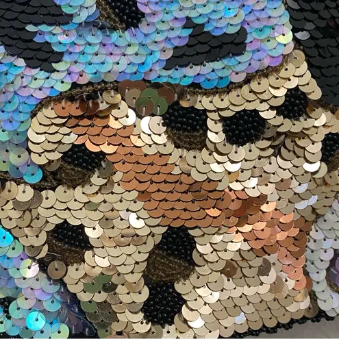 Vintage Fully Sequinned & Beaded Wild Cat Leopard Dolman Sleeve Silk Top Size S Black