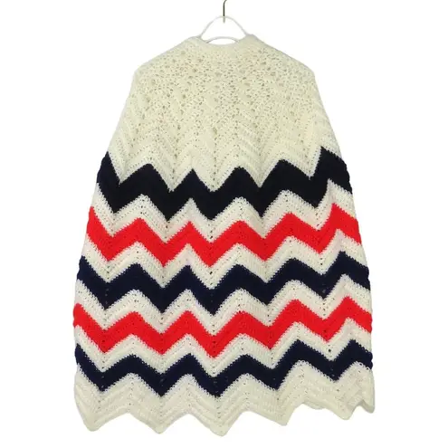 1980s Vintage Cream, Blue, & Red Granny Knit Poncho Shall Sweater Cozycore Size M