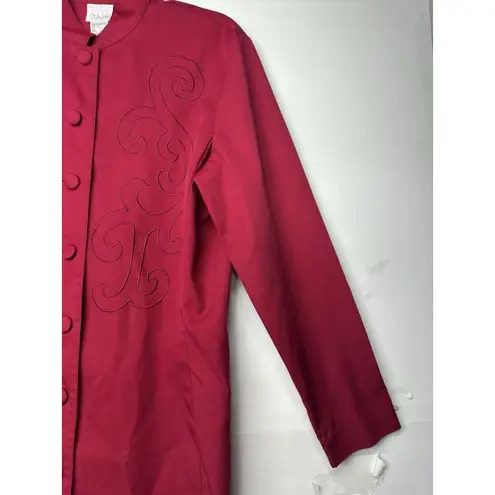 Style Works Women’s Size 14 Red Long Button Front Embroidered Dress Coat Jacket