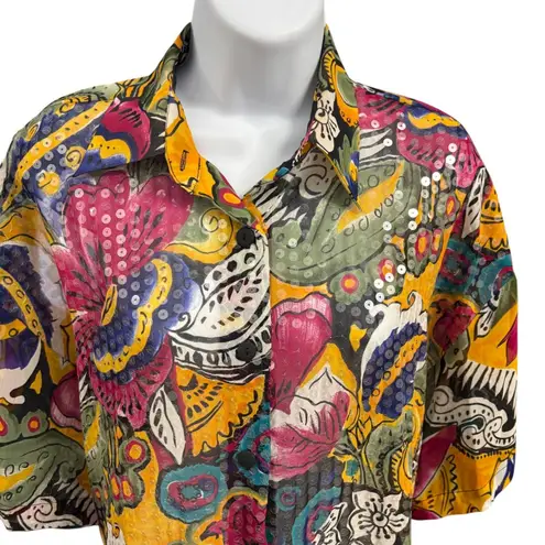 Express Internationale Women's Multicolor Sequined Floral Print Short Shirt M Yellow Size M