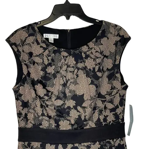 London Times Floral Sheath Stretch Midi Dress Cap Sleeve Tan Black Women 10 NWT - Image 2