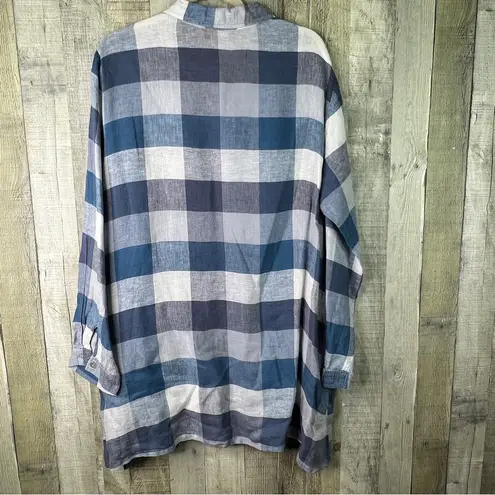 Match Point 100% Linen Size XL Blue & White Plaid Shirt With 3/4 Sleeves Pockets