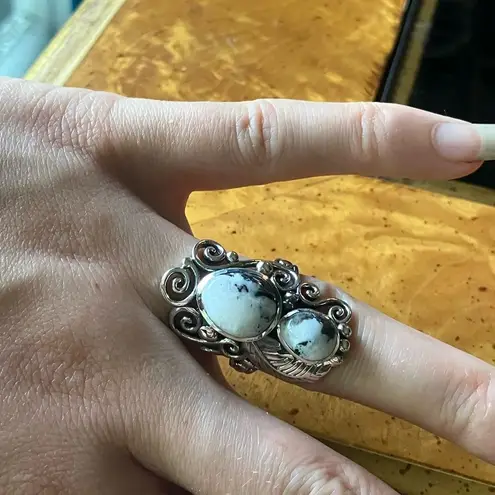 Artistic White Buffalo Sterling Silver Feather Ring Size 6.75 Black