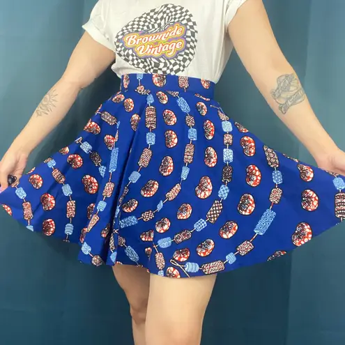 Vintage 70s Mushroom & Bead Print Circle Skirt Blue Size 8