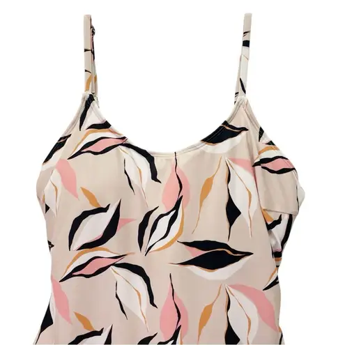 Janela Bay One Piece Swimsuit Size Large Beige Pink Black Leaf Print Tie Back Tan