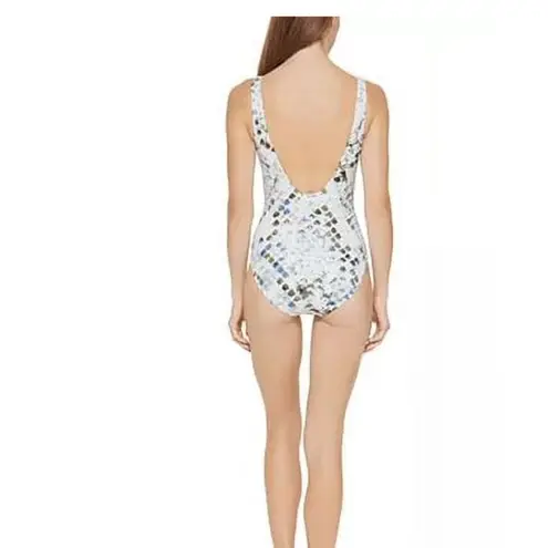 DKNY  SPLASH Peek-a-boo Twist Front Cutout Blue One-Piece Swimsuit US 12 NWT