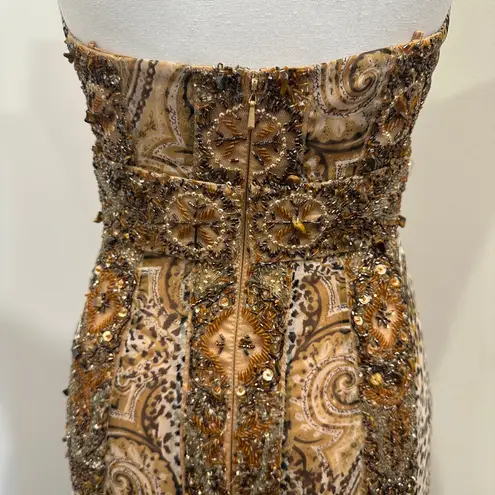 Sherry Haute Couture Y2K Silk Beaded Sequin Gemstone Animal Print Halter Gown Tan Size 4