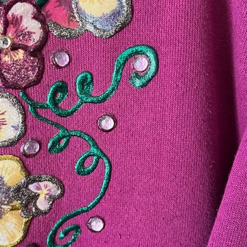 Vintage Fuchsia Elaborate Floral Applique Open Front Sweatshirt cardigan. Size Size 2X