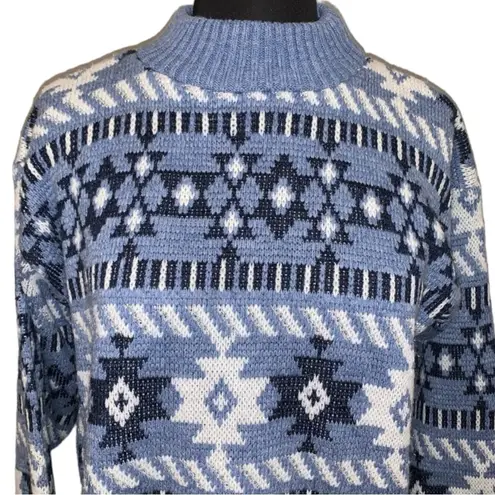 Vintage Dana Scott Blue & White Aztec Tribal Oversized Sweater Size M