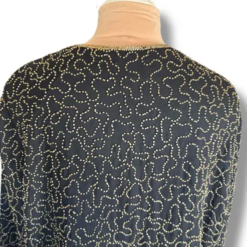 Vintage 90s Black Beaded Jacket Plus Size Metallic Gold Sequin Partywear Evening