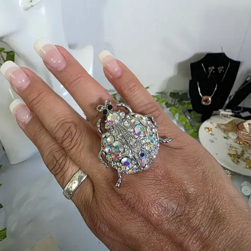 Vintage Statement Silver Beetle Bug Ring with AB Stones