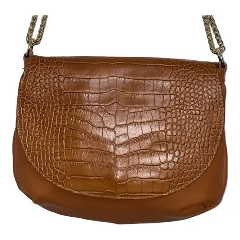 Valentina Fiore Brown Leather Reptile Flap Gold Chain Shoulder Crossbody Purse