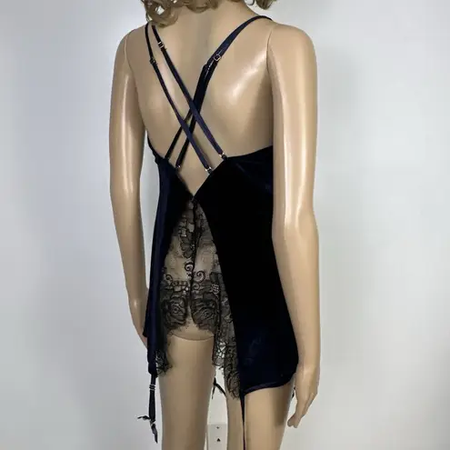 Dreamgirl Stretch Velvet Eyelash Slip Dark Blue Black Lace Chemise XL Garters