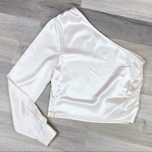 NA-KD  Reborn Satin Shirred Side One Shoulder Crop Top Ivory XS 34