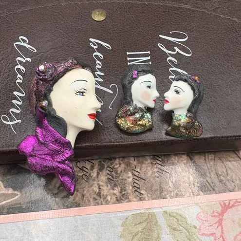 Vintage Lady Face Brooch & Earrings Set | Hand Painted Statement Jewelry Purple